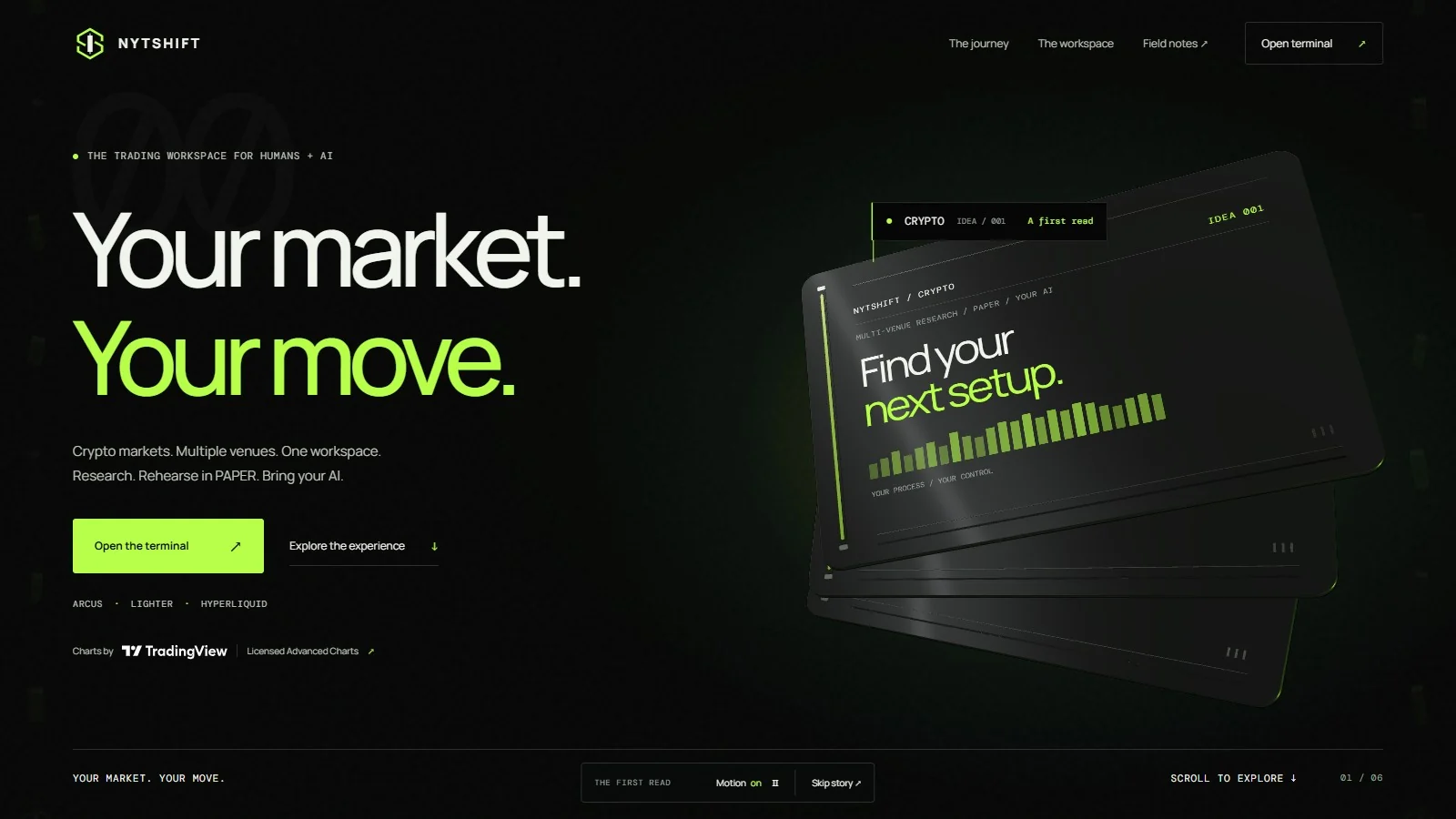 NYTSHIFT landing page with the line Your market. Your move.